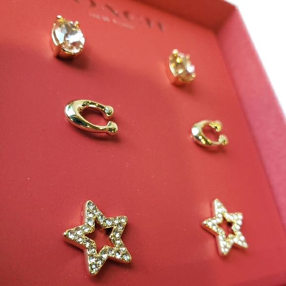 Coach Signature Star Earrings Set. 3 pairs in gift box. Pink, gold tone - Picture 5 of 11